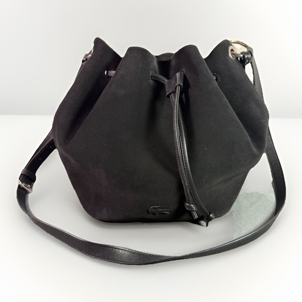Lacoste Suede and Leather Bucket Bag – Black, Adjustable Drawstring